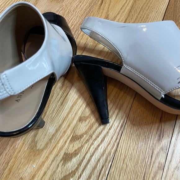 Ann Taylor spats style open toed heels taupe black patent 6 - Picture 8 of 9